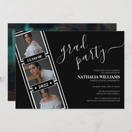 クラシック・ブラックフィルムストリップの写真コラージュ卒業 招待状 (正面/裏面)