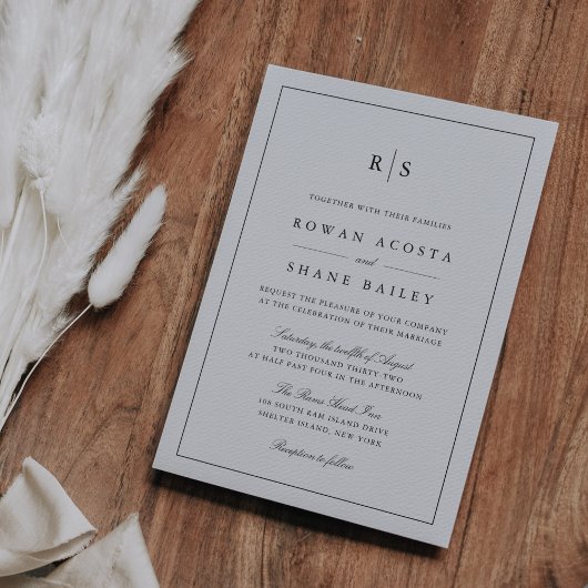 クラシック ブラック & エクル ボーダー モノグラム ウェディング 招待状