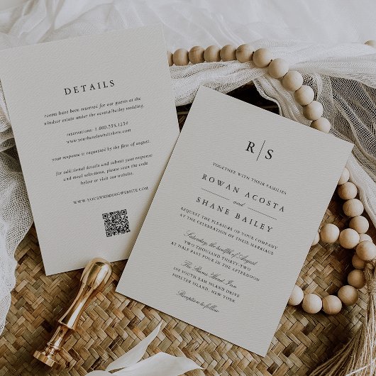 クラシック ブラック & エクル モノグラム オールインワン ウェディング 招待状