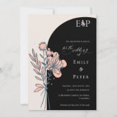 クラシック ブラック エレガント 手描き フラワー ウェディング 招待状 (正面)