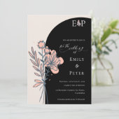 クラシック ブラック エレガント 手描き フラワー ウェディング 招待状 (スタンド正面)