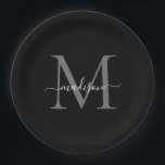 クラシック ブラック グレー モノグラム モダン スクリプト 名前 ペーパープレート<br><div class="desc">シンプル モダン ブラック グレー モノグラム フェミニン スクリプト 名前 紙皿</div>