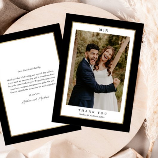クラシック ブラック&ゴールドの結婚式の写真 サンキューカード