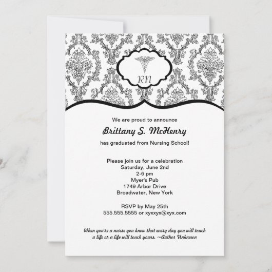 クラシック ブラック ダマスク 看護師卒業 RN BSN 招待状 (正面)