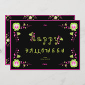クラシック ブラック＆ピンク スカル ハッピー ハロウィン カード (正面/裏面)