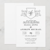 クラシック ブラック＆ホワイト クレスト モノグラム ウェディング 招待状 (正面/裏面)