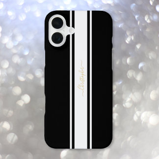 クラシック ブラック ホワイト レーシング ストライプ ゴールド モノグラム iPhone 16 PLUSケース