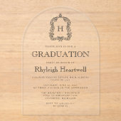 クラシック ブラック モノグラム クレスト アーチ 卒業パーティー アクリル招待状 (正面)