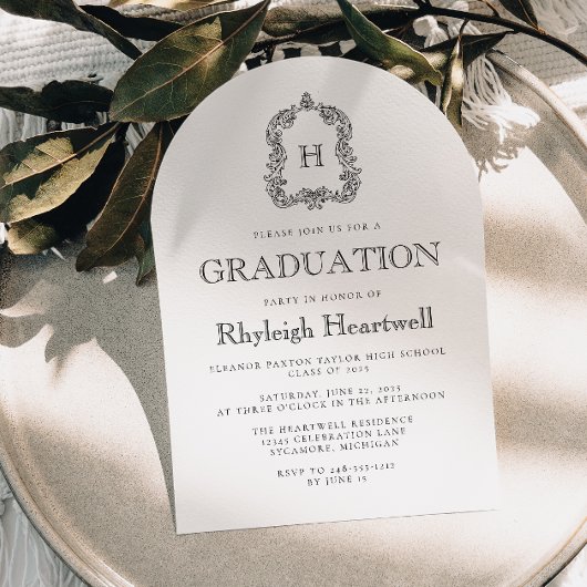 クラシック ブラック モノグラム クレスト アーチ 卒業パーティー 招待状