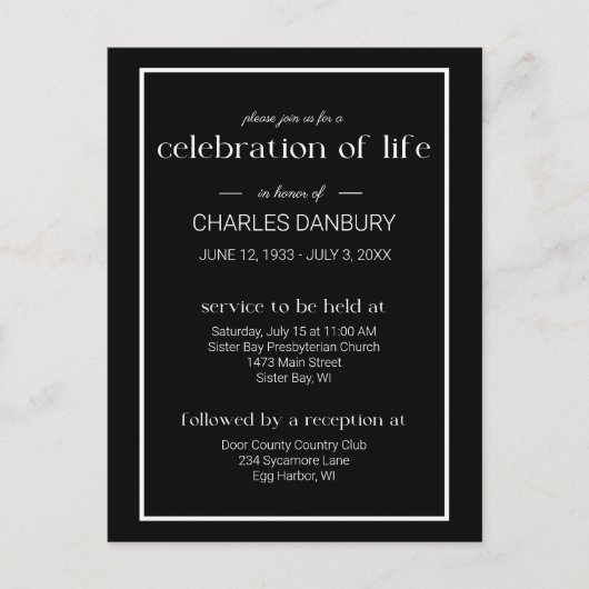 クラシック ブラック 葬儀 生命の祝祭 ポストカード (正面)