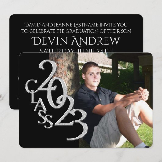 クラシック ブラック 2023 フォト 卒業式 招待状 (正面/裏面)