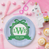 クラシック ブルー ストライプ グリーン ギリシャ キー フル モノグラム ペーパープレート (パーティー)