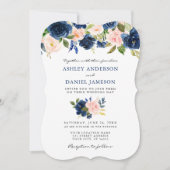 クラシック ブルー ピンク 水彩 フラワーズ ウェディング 招待状 (正面)