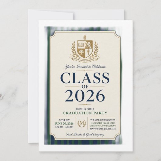 クラシック・プレッピー 2026年卒業式 招待状 (正面)