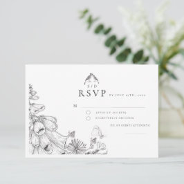 クラシック ホワイト ブラック フラワー ウェディング RSVP カード