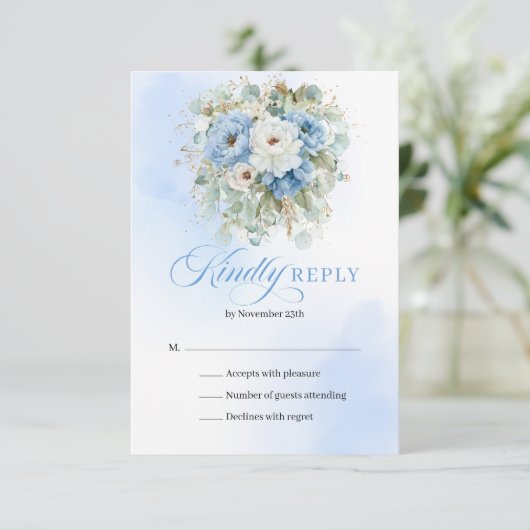 クラシック・ボヘミアン・ブルー・ホワイト・芍薬の結婚式RSVP 出欠カード (スタンド正面)