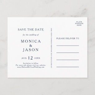 クラシック ミニマリスト ネイビーブルー シルバー Save The Date インビテーションポストカード
