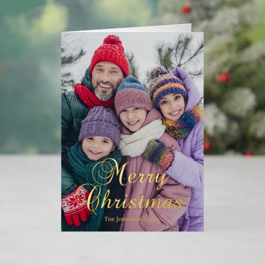 クラシック メリークリスマス カリグラフィー 家族写真 箔シーズンカード (クリスマスインサイチュ)