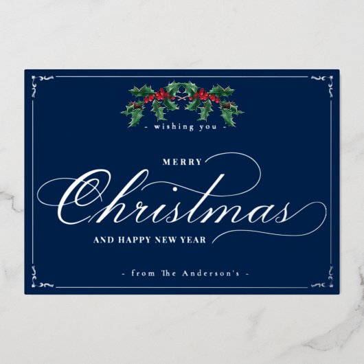 クラシック メリークリスマス 新年 ブルー シルバー 箔シーズンカード (正面)