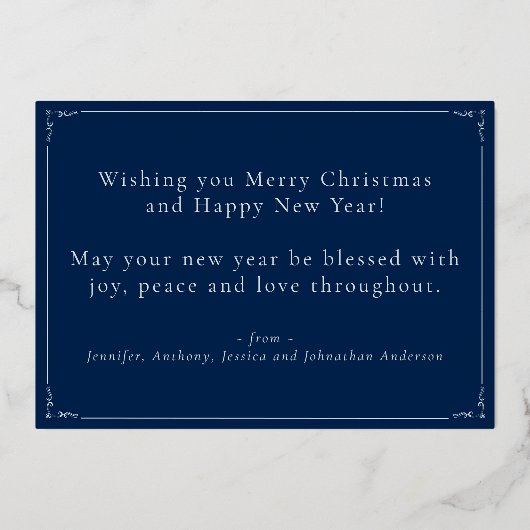 クラシック メリークリスマス 新年 ブルー シルバー 箔シーズンカード (裏面)