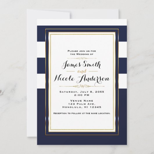 クラシック モダン エレガント ネイビー & ゴールド ウェディング 招待状 (正面)