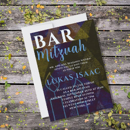 クラシック モダン ブルー バー ミツバ 祈念 Bold フォント 招待状