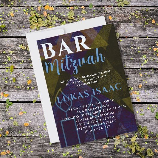 クラシック モダン ブルー バー ミツバ 祈念 Bold フォント 招待状