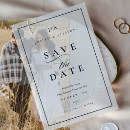 クラシック モノグラム ネイビーブルー 結婚式 Save the Date ベラム紙招待状