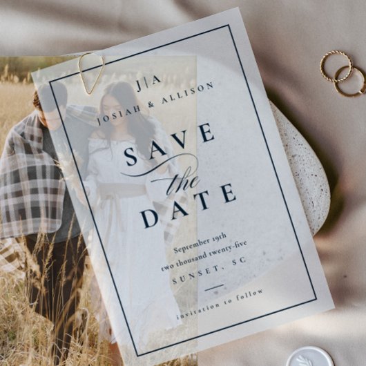 クラシック モノグラム ネイビーブルー 結婚式 Save the Date ベラム紙招待状