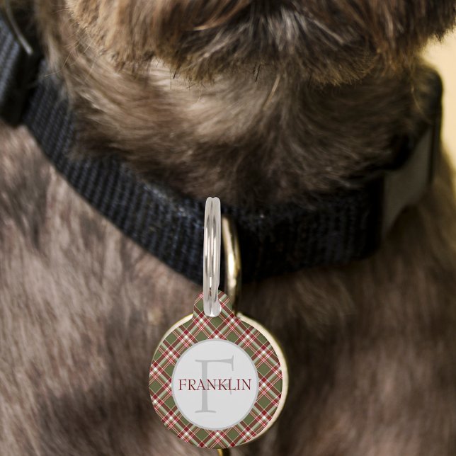 クラシック レッド グリーン プライド モノグラム ペット　ネームタグ (Classic Red Green Plaid Monogram Pet ID Tag)