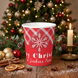 クラシック レッド タータンチェック スノーフレーク クリスマス 紙コップ