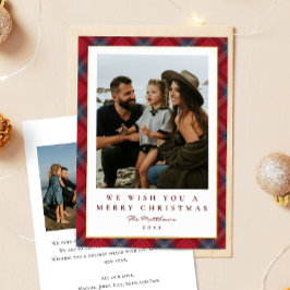 クラシック レッド ネイビー タータンチェック クリスマス 写真入り 箔シーズンカード