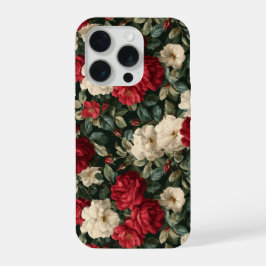 クラシック レッド ローズ ホワイト フラワー 模様 iPhone 15 PROケース