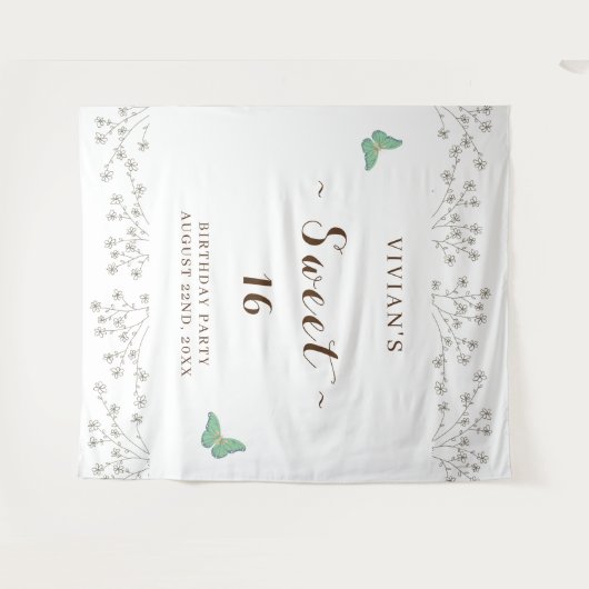 クラシック ワイルドフラワー & バタフライ スイート シックスティーン パーティ タペストリー (正面(横))