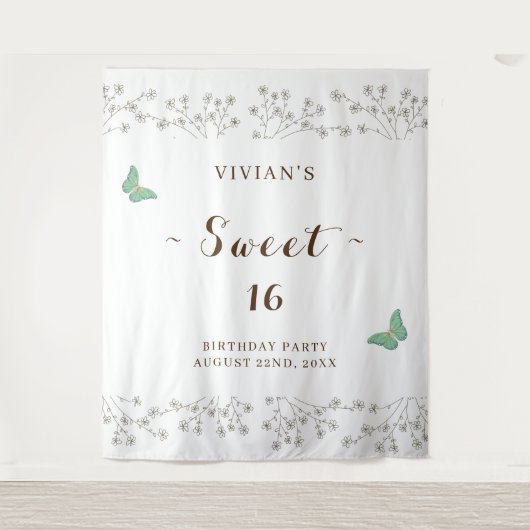 クラシック ワイルドフラワー & バタフライ スイート シックスティーン パーティ タペストリー (正面)