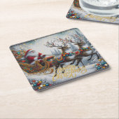クラシック/ヴィンテージクリスマスサンタ&トナカイ スクエアペーパーコースター (アングル)