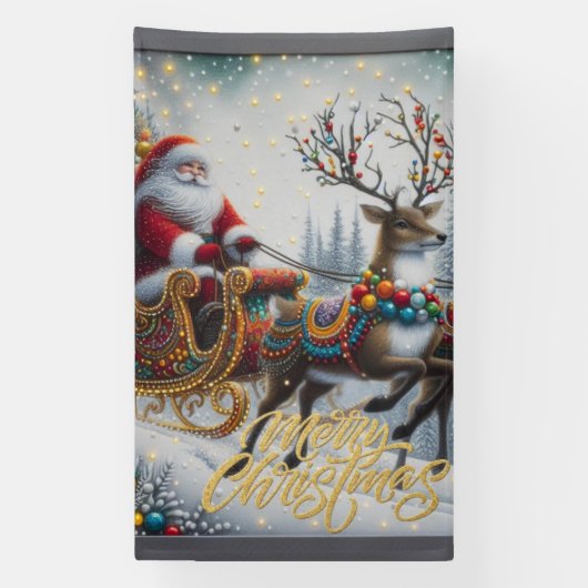 クラシック/ヴィンテージクリスマスサンタ&トナカイ 横断幕 (縦)