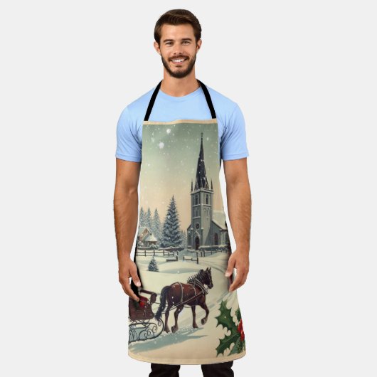 クラシック/ヴィンテージクリスマスシーン エプロン (着用した状態)