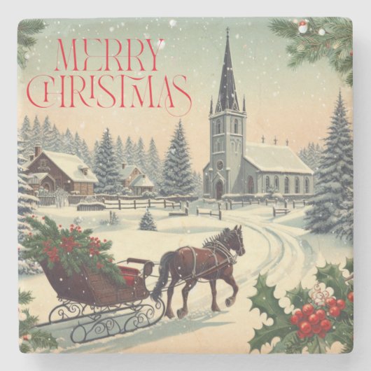 クラシック/ヴィンテージクリスマスシーン ストーンコースター (正面)