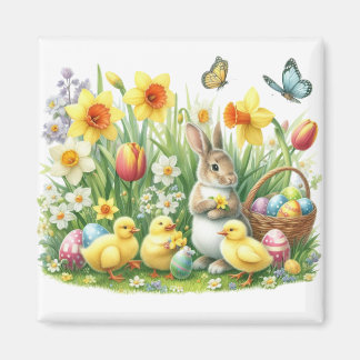 クラシック/ヴィンテージ春ウサギ/チキン マグネット