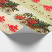クラシック、ヴィンテージ車、クリスマスツリーとベルズレッド ラッピングペーパー (角)