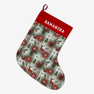 クラシック ヴィンテージ クリスマス プリント ホリデー パターン ラージクリスマスストッキング