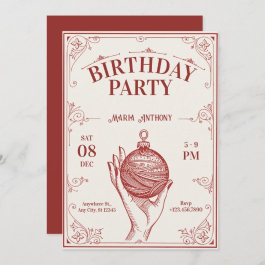 クラシック ヴィンテージ クリスマス 誕生日 招待状 (正面/裏面)