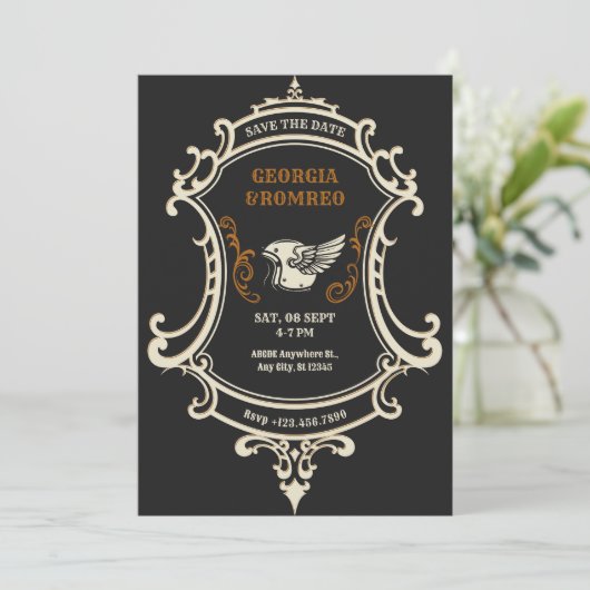 クラシック ヴィンテージ レトロ オートバイ ウェディング セーブザデート (スタンド正面)