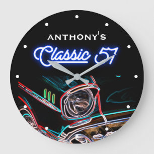 クラシック 57 1957シェビーネオンエフェクトカーブラックレトロ ラージ壁時計