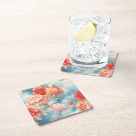 クラシック- Angelic Pink and Red Roses in soft clou スクエアペーパーコースター (インサイチュ)