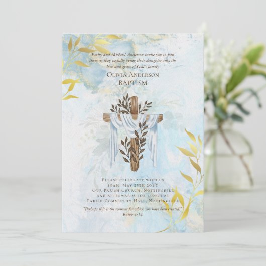 クラシックBAPTISMエレガント招待状アクアブルー金ゴールド 招待状 (スタンド正面)