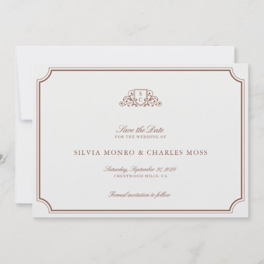 クラシックBrown/ベージュ色のモノグラ結婚ム日付を保存 (正面)