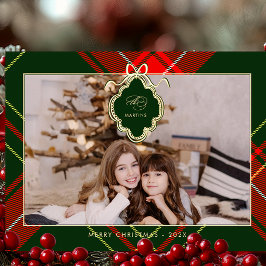 クラシックChristmas Red Green Plaid写真 箔シーズンポストカード