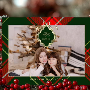 クラシックChristmas Red Green Plaid写真 箔シーズンポストカード